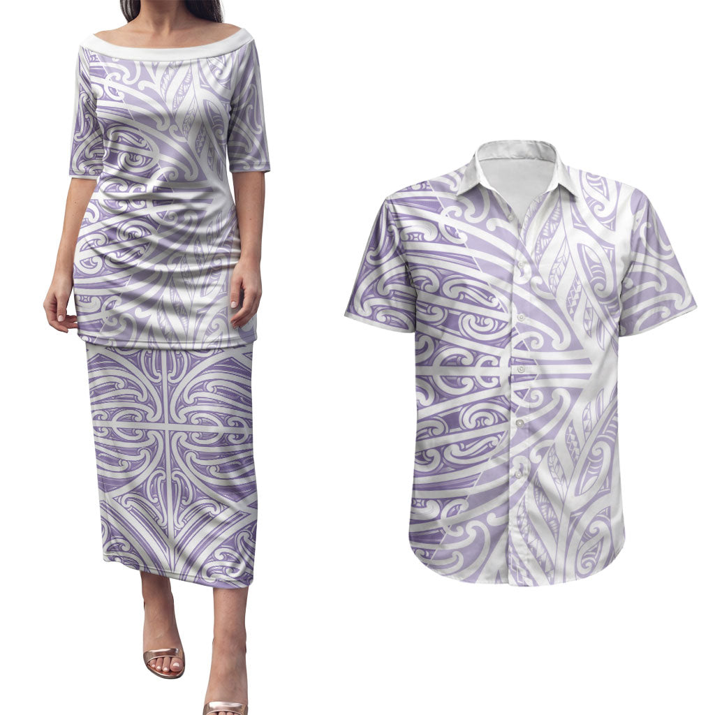 Purple New Zealand Puhoro Maori Tattoo Couples Matching Puletasi and Hawaiian Shirt LT14 Purple - Polynesian Pride