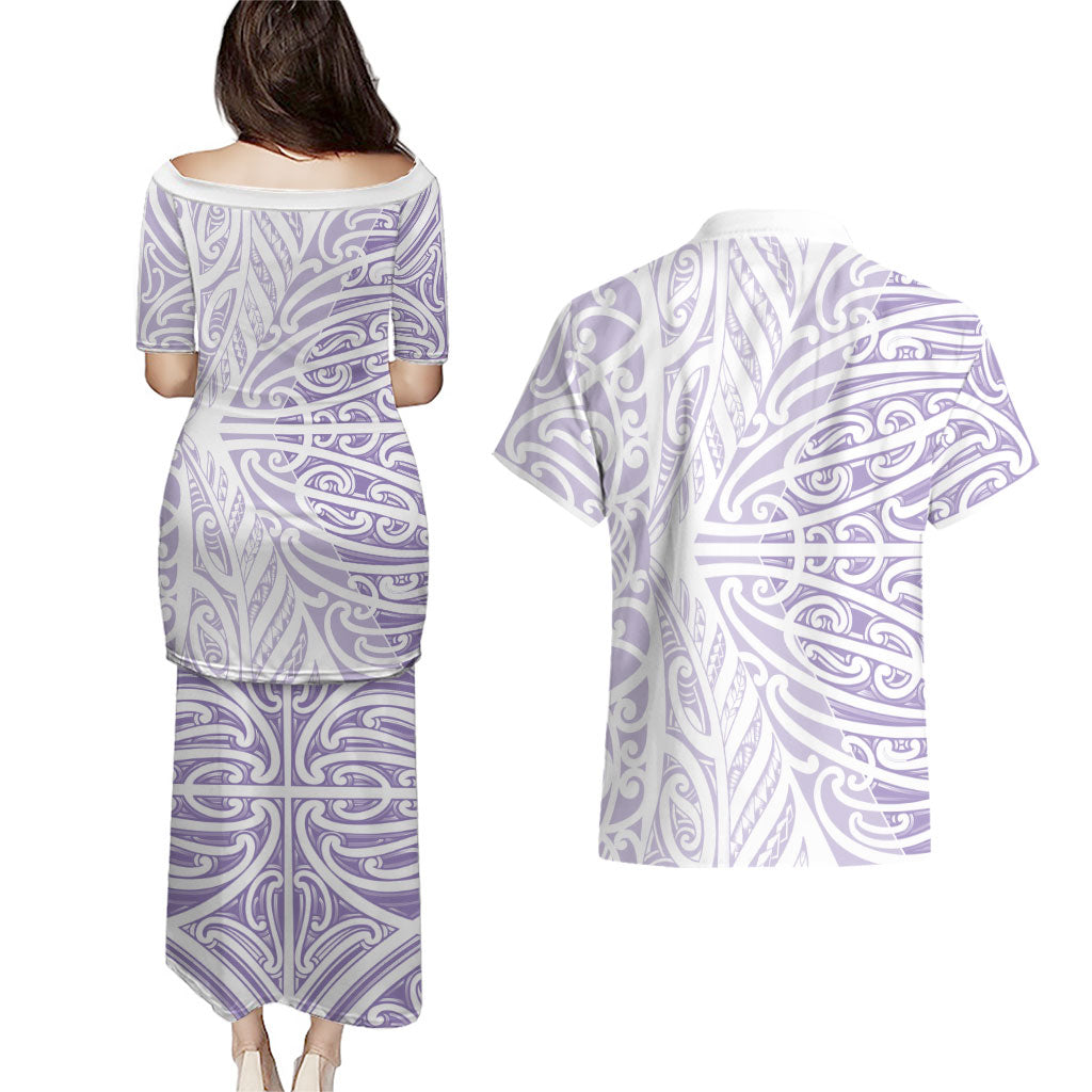Purple New Zealand Puhoro Maori Tattoo Couples Matching Puletasi and Hawaiian Shirt LT14 - Polynesian Pride