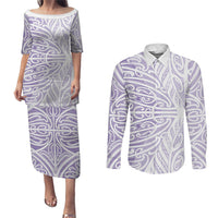 Purple New Zealand Puhoro Maori Tattoo Couples Matching Puletasi and Long Sleeve Button Shirt LT14 Purple - Polynesian Pride