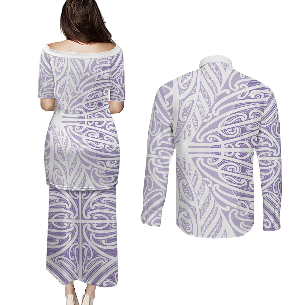 Purple New Zealand Puhoro Maori Tattoo Couples Matching Puletasi and Long Sleeve Button Shirt LT14 - Polynesian Pride