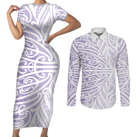 Purple New Zealand Puhoro Maori Tattoo Couples Matching Short Sleeve Bodycon Dress and Long Sleeve Button Shirt LT14 Purple - Polynesian Pride