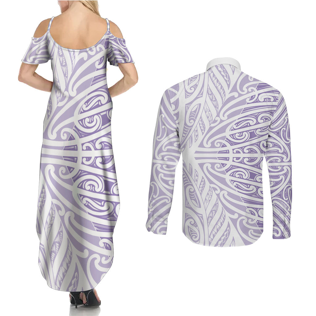 Purple New Zealand Puhoro Maori Tattoo Couples Matching Summer Maxi Dress and Long Sleeve Button Shirt LT14 - Polynesian Pride