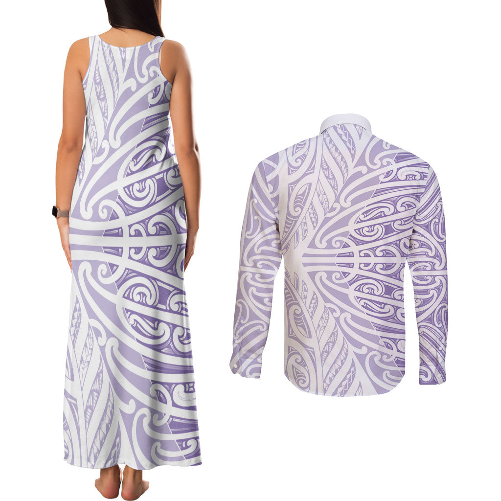 Purple New Zealand Puhoro Maori Tattoo Couples Matching Tank Maxi Dress and Long Sleeve Button Shirt LT14 - Polynesian Pride