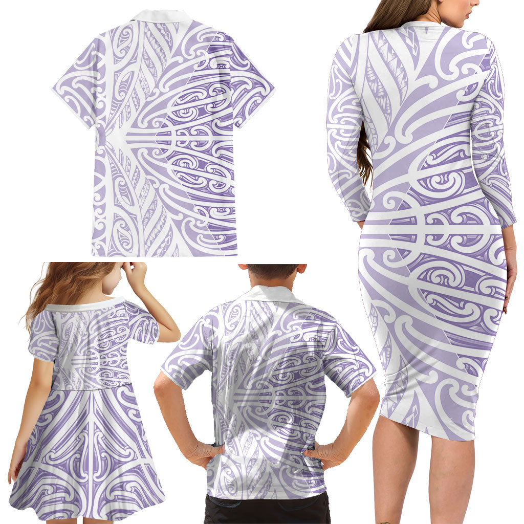 Purple New Zealand Puhoro Maori Tattoo Family Matching Long Sleeve Bodycon Dress and Hawaiian Shirt LT14 - Polynesian Pride