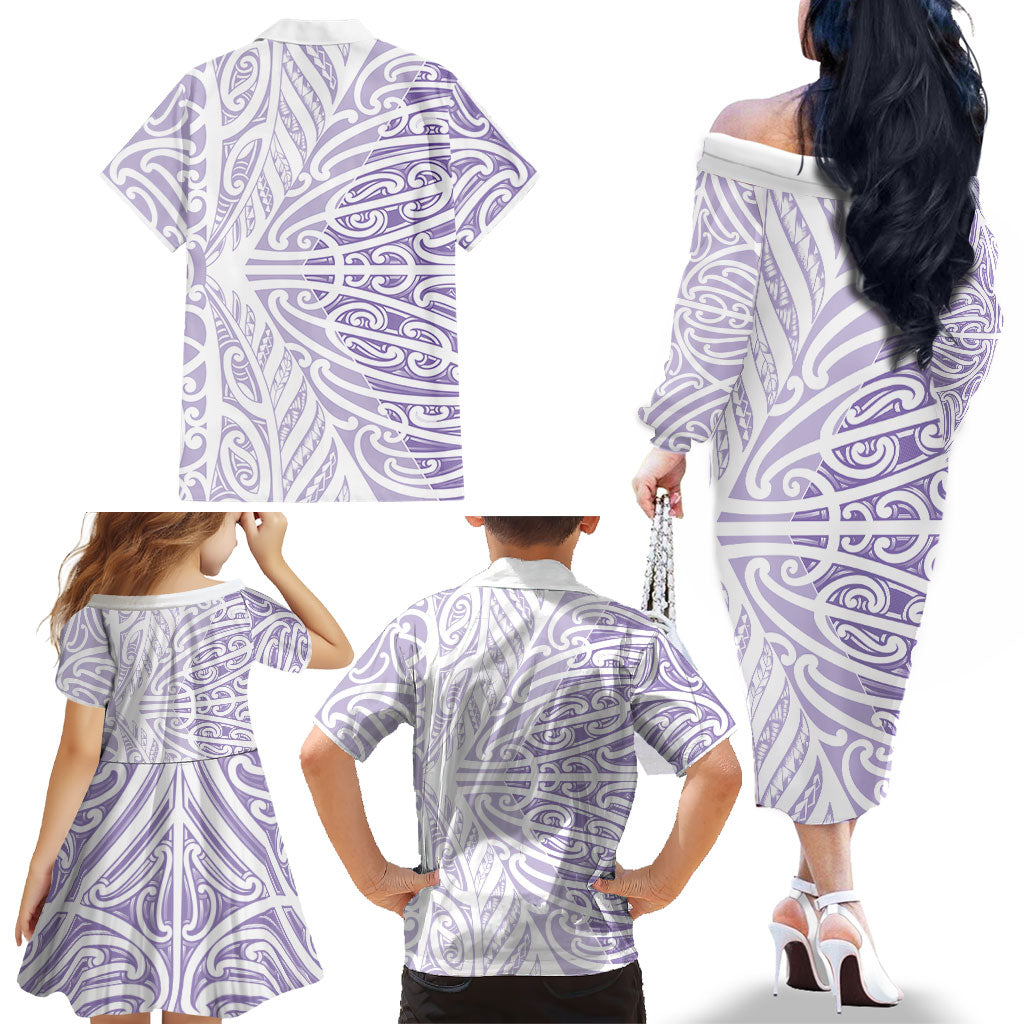 Purple New Zealand Puhoro Maori Tattoo Family Matching Off The Shoulder Long Sleeve Dress and Hawaiian Shirt LT14 - Polynesian Pride