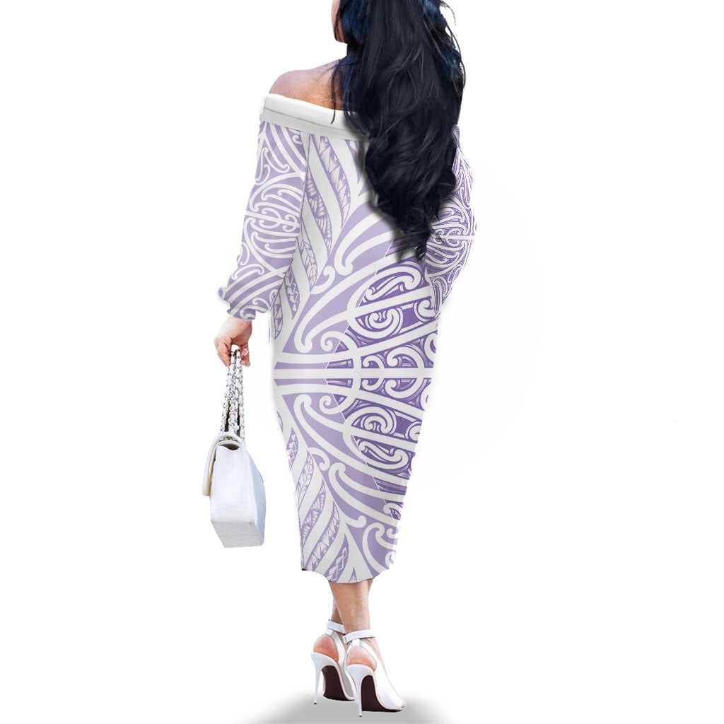 Purple New Zealand Puhoro Maori Tattoo Family Matching Off The Shoulder Long Sleeve Dress and Hawaiian Shirt LT14 - Polynesian Pride