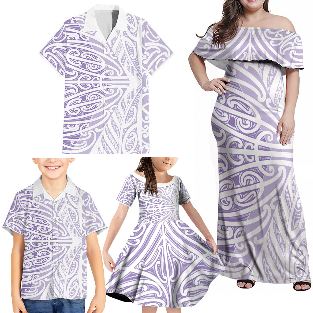 Purple New Zealand Puhoro Maori Tattoo Family Matching Off Shoulder Maxi Dress and Hawaiian Shirt LT14 - Polynesian Pride