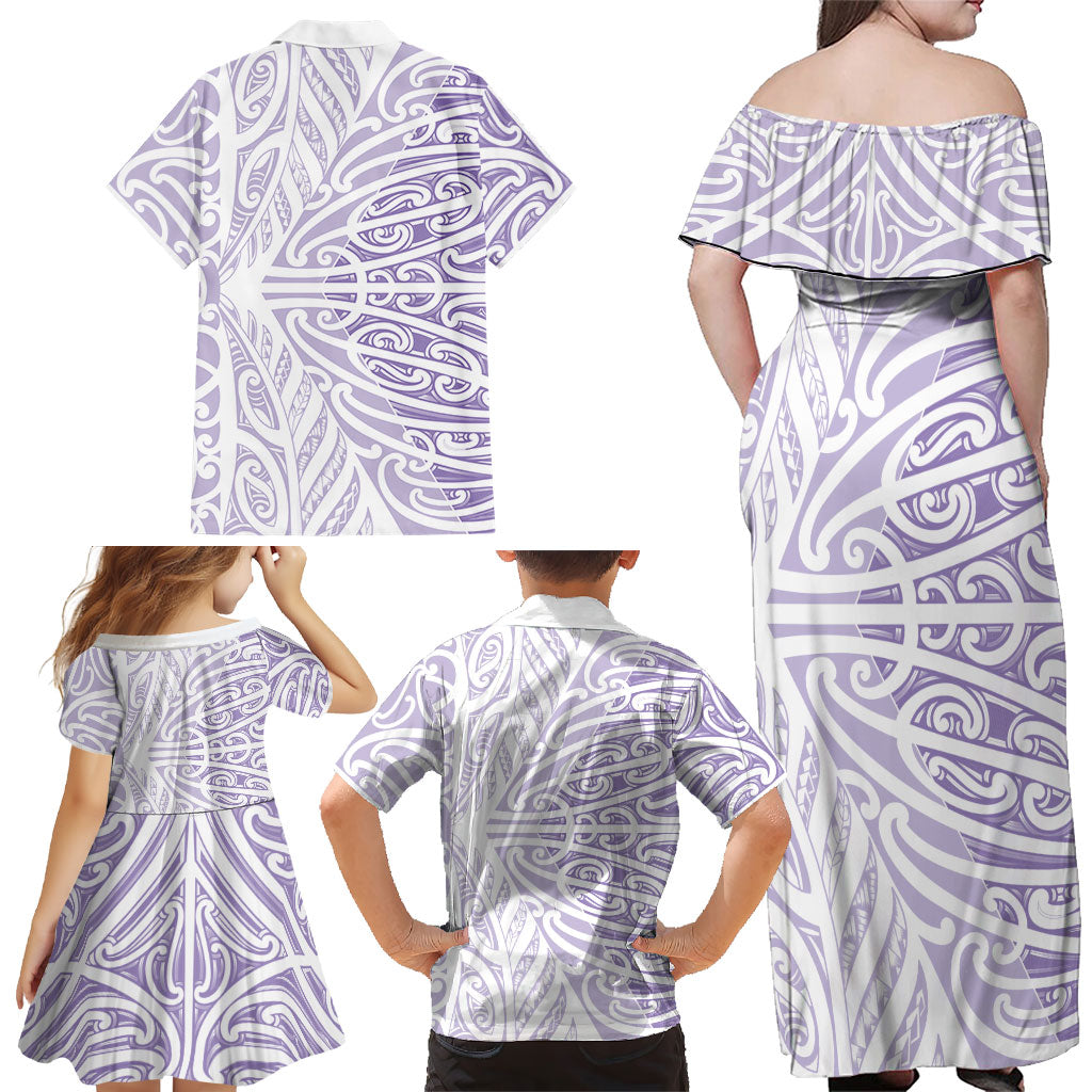 Purple New Zealand Puhoro Maori Tattoo Family Matching Off Shoulder Maxi Dress and Hawaiian Shirt LT14 - Polynesian Pride