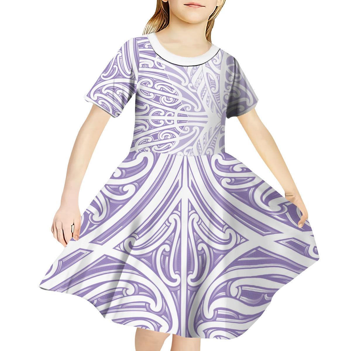 Purple New Zealand Puhoro Maori Tattoo Kid Short Sleeve Dress LT14 - Polynesian Pride