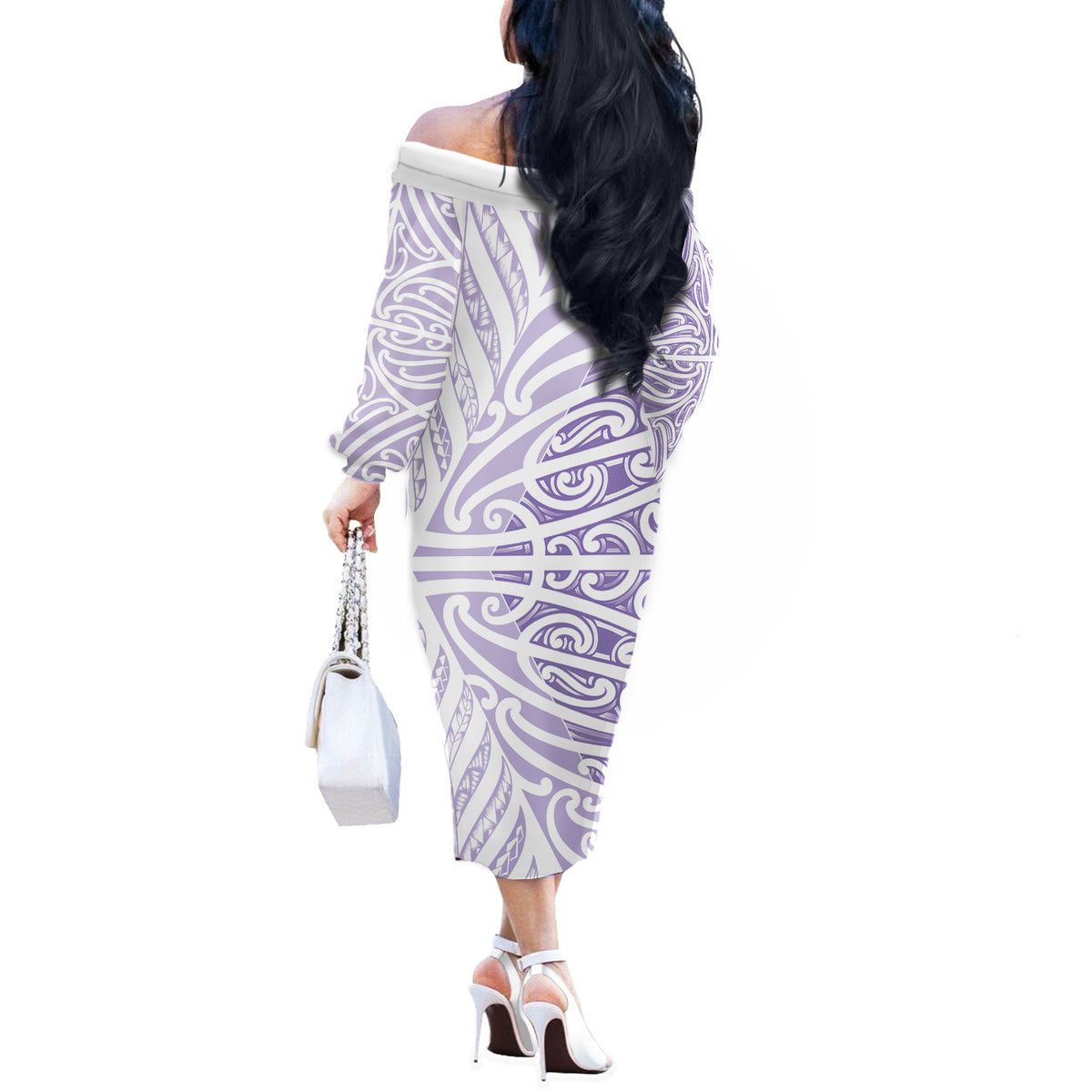 Purple New Zealand Puhoro Maori Tattoo Off The Shoulder Long Sleeve Dress LT14 - Polynesian Pride