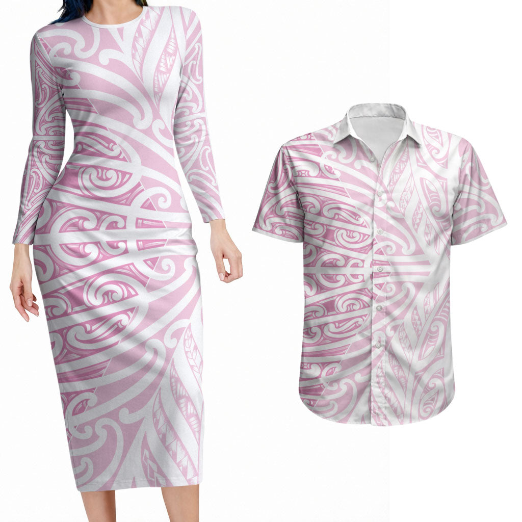 Pink New Zealand Puhoro Maori Tattoo Couples Matching Long Sleeve Bodycon Dress and Hawaiian Shirt LT14 Pink - Polynesian Pride