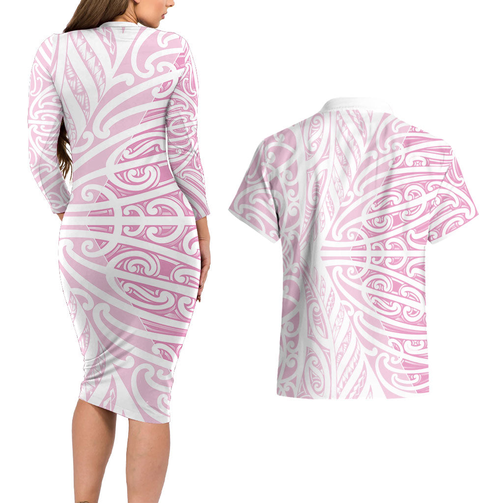 Pink New Zealand Puhoro Maori Tattoo Couples Matching Long Sleeve Bodycon Dress and Hawaiian Shirt LT14 - Polynesian Pride