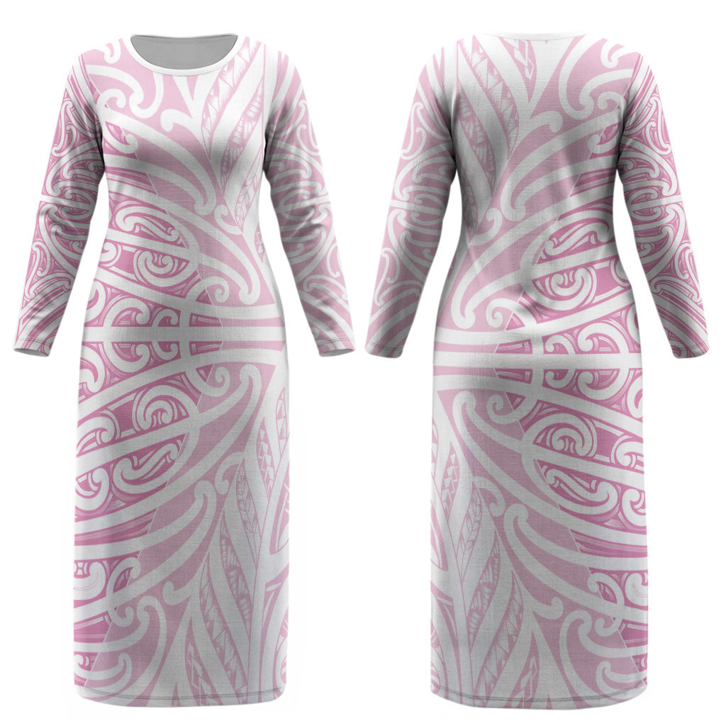 Pink New Zealand Puhoro Maori Tattoo Couples Matching Long Sleeve Bodycon Dress and Hawaiian Shirt LT14 - Polynesian Pride