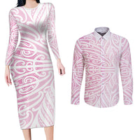 Pink New Zealand Puhoro Maori Tattoo Couples Matching Long Sleeve Bodycon Dress and Long Sleeve Button Shirt LT14 Pink - Polynesian Pride