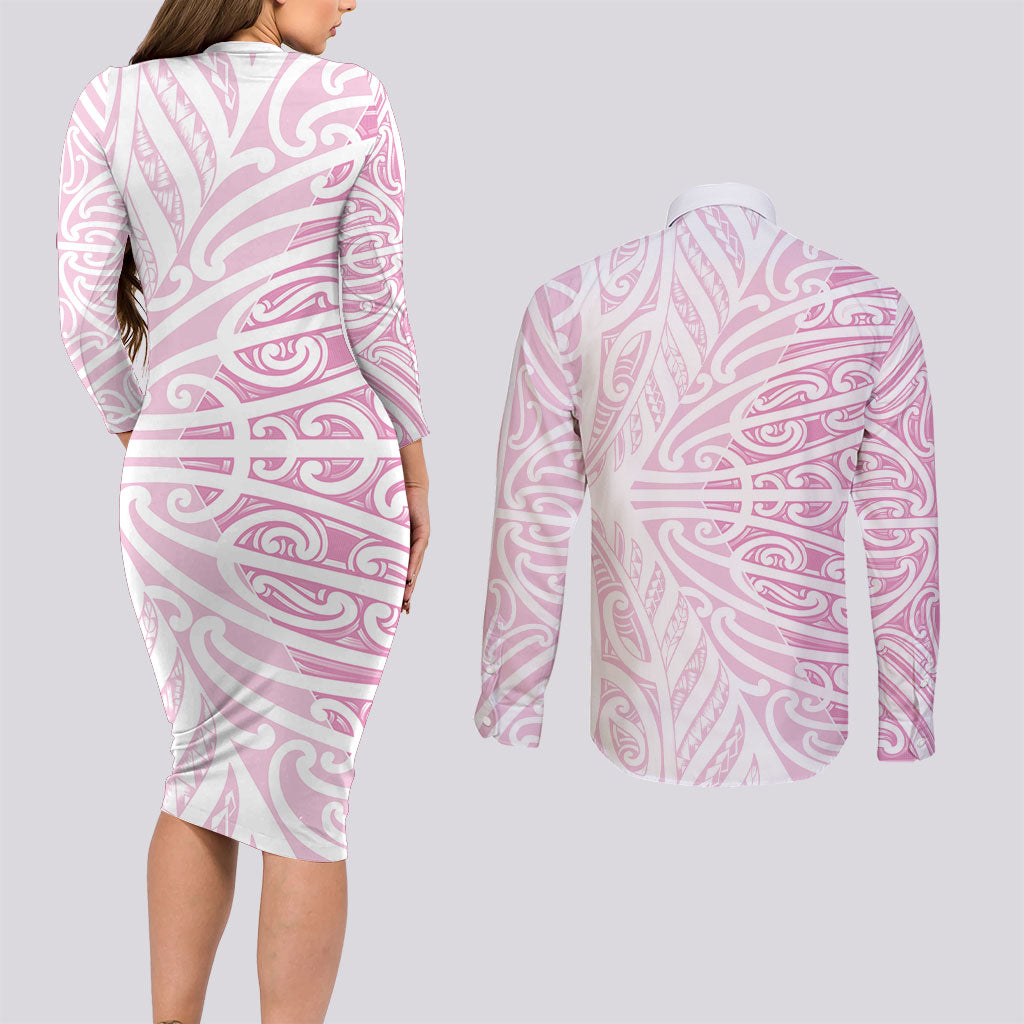 Pink New Zealand Puhoro Maori Tattoo Couples Matching Long Sleeve Bodycon Dress and Long Sleeve Button Shirt LT14 - Polynesian Pride