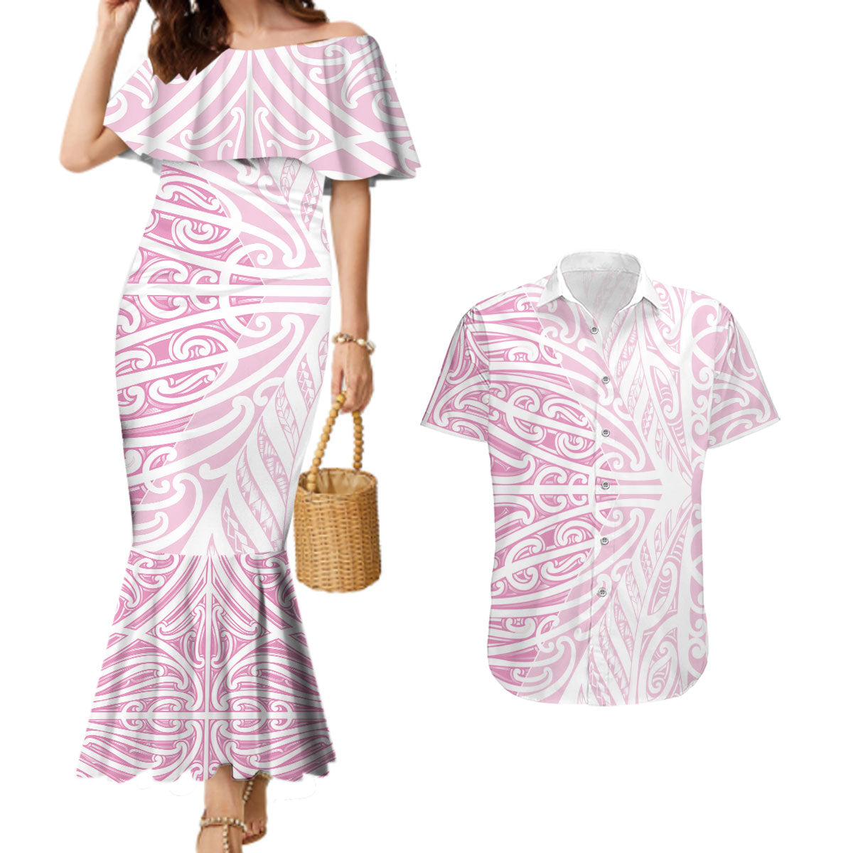 Pink New Zealand Puhoro Maori Tattoo Couples Matching Mermaid Dress and Hawaiian Shirt LT14 Pink - Polynesian Pride