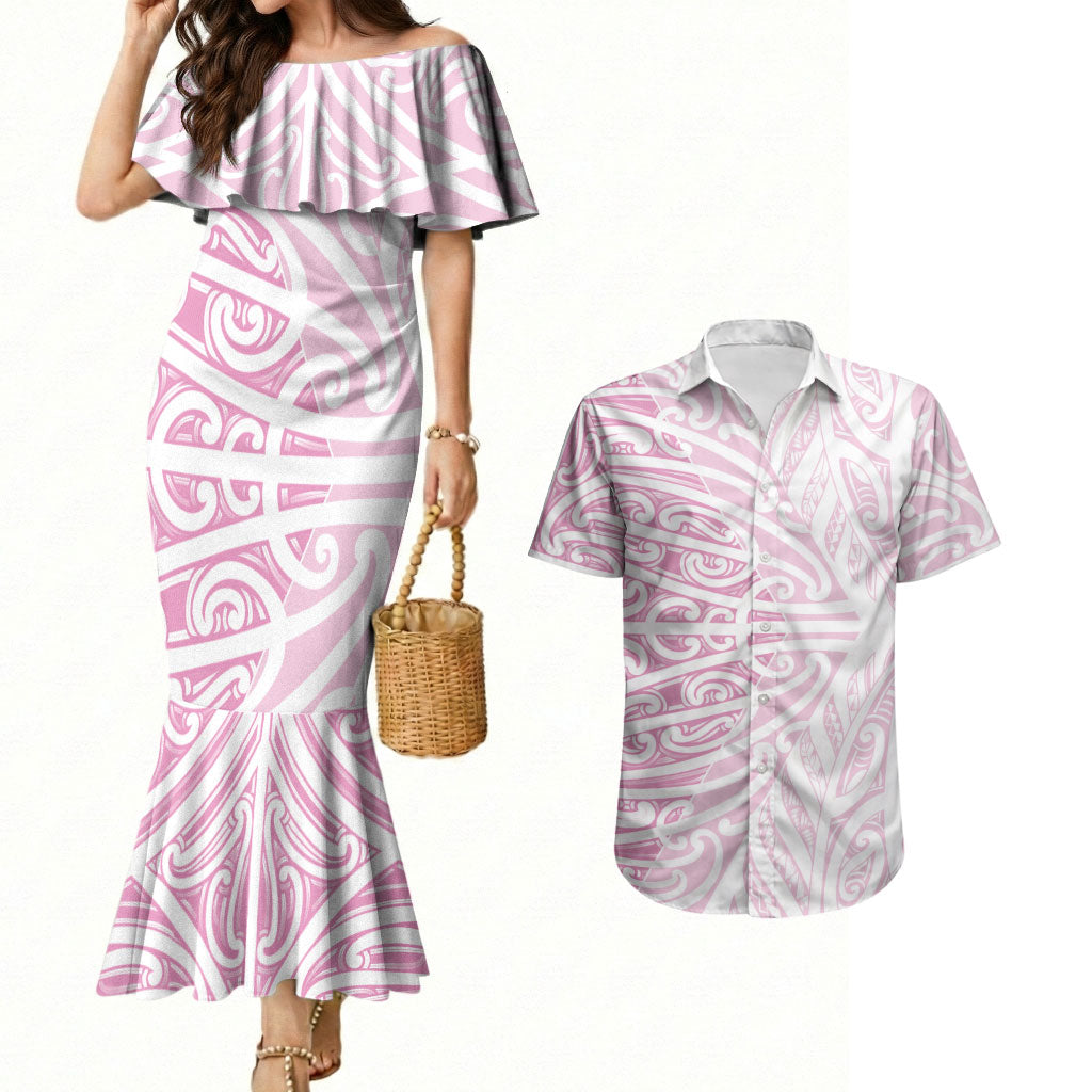 Pink New Zealand Puhoro Maori Tattoo Couples Matching Mermaid Dress and Hawaiian Shirt LT14 Pink - Polynesian Pride