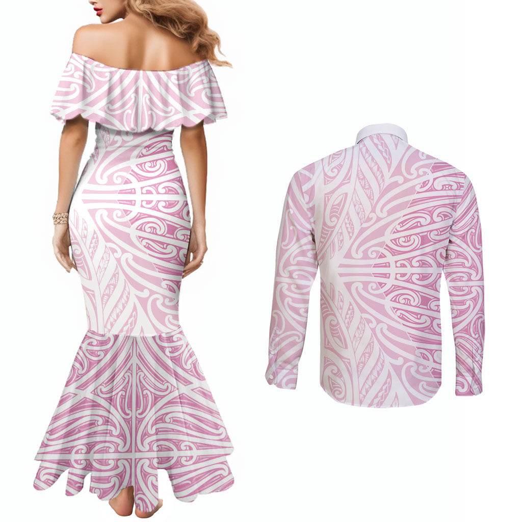 Pink New Zealand Puhoro Maori Tattoo Couples Matching Mermaid Dress and Long Sleeve Button Shirt LT14 - Polynesian Pride