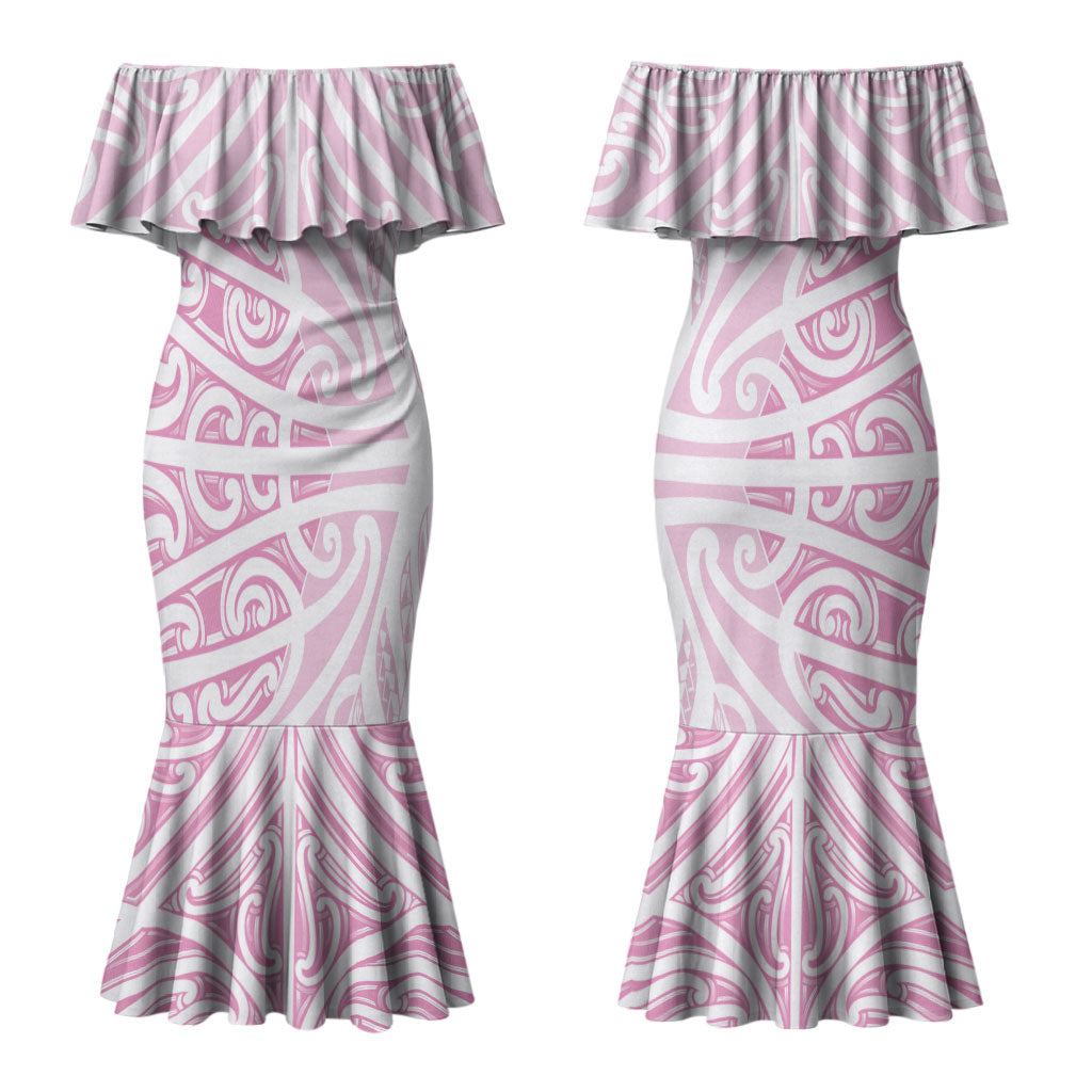 Pink New Zealand Puhoro Maori Tattoo Couples Matching Mermaid Dress and Long Sleeve Button Shirt LT14 - Polynesian Pride