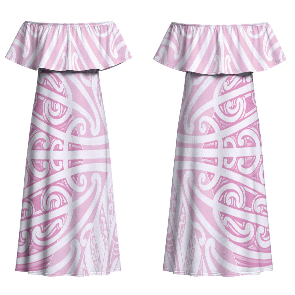 Pink New Zealand Puhoro Maori Tattoo Couples Matching Off Shoulder Maxi Dress and Hawaiian Shirt LT14 - Polynesian Pride