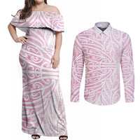 Pink New Zealand Puhoro Maori Tattoo Couples Matching Off Shoulder Maxi Dress and Long Sleeve Button Shirt LT14 Pink - Polynesian Pride