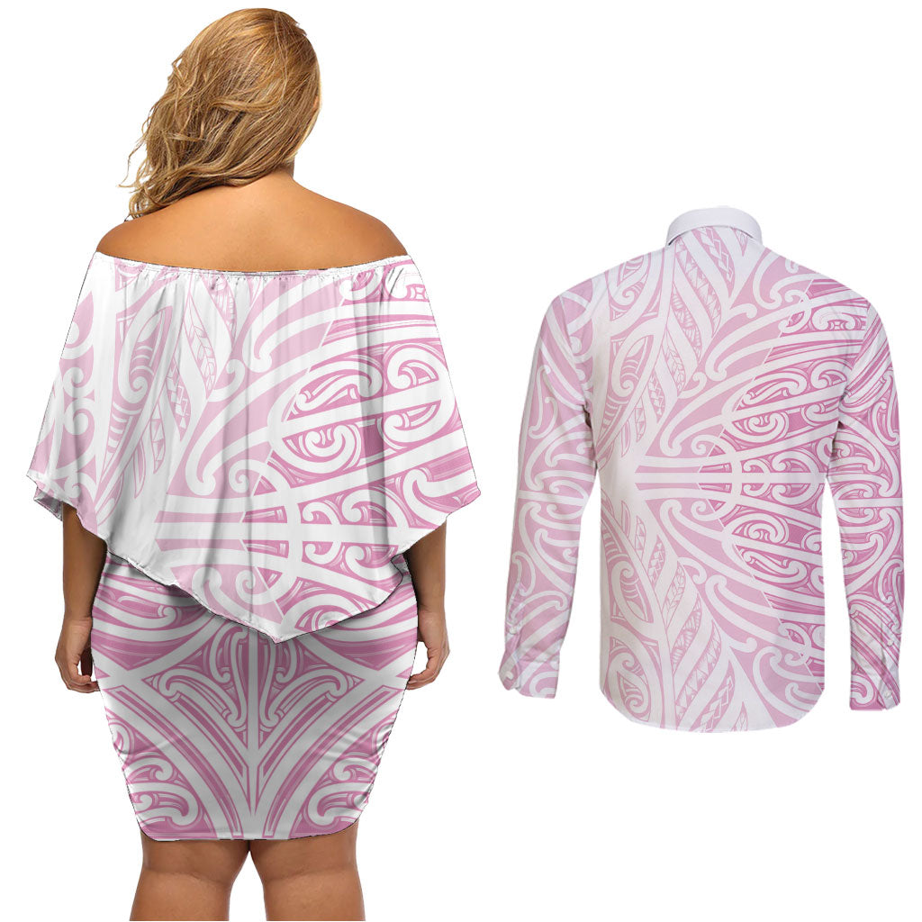 Pink New Zealand Puhoro Maori Tattoo Couples Matching Off Shoulder Short Dress and Long Sleeve Button Shirt LT14 - Polynesian Pride