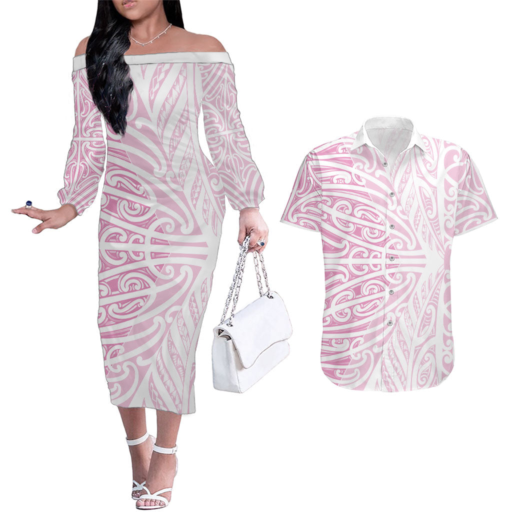 Pink New Zealand Puhoro Maori Tattoo Couples Matching Off The Shoulder Long Sleeve Dress and Hawaiian Shirt LT14 Pink - Polynesian Pride