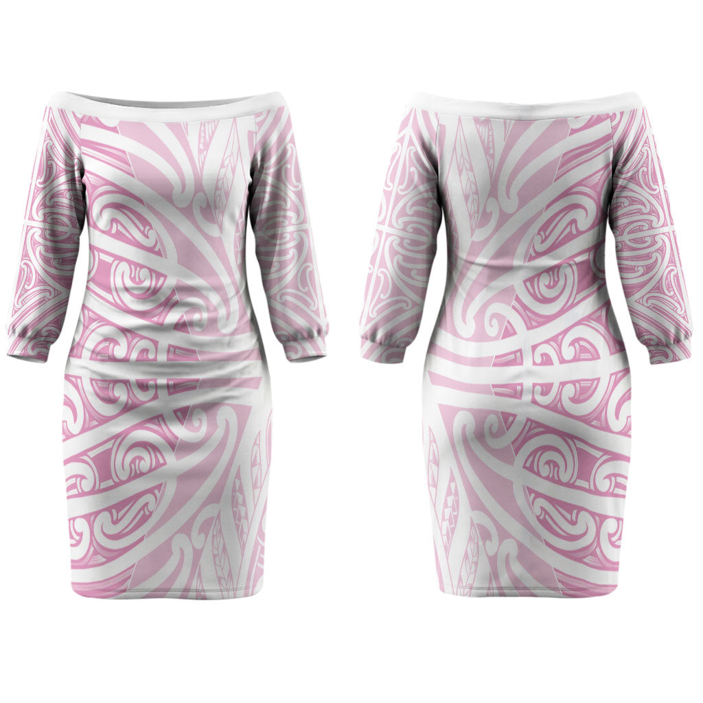 Pink New Zealand Puhoro Maori Tattoo Couples Matching Off The Shoulder Long Sleeve Dress and Hawaiian Shirt LT14 - Polynesian Pride