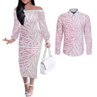 Pink New Zealand Puhoro Maori Tattoo Couples Matching Off The Shoulder Long Sleeve Dress and Long Sleeve Button Shirt LT14 Pink - Polynesian Pride