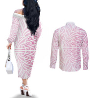 Pink New Zealand Puhoro Maori Tattoo Couples Matching Off The Shoulder Long Sleeve Dress and Long Sleeve Button Shirt LT14 - Polynesian Pride