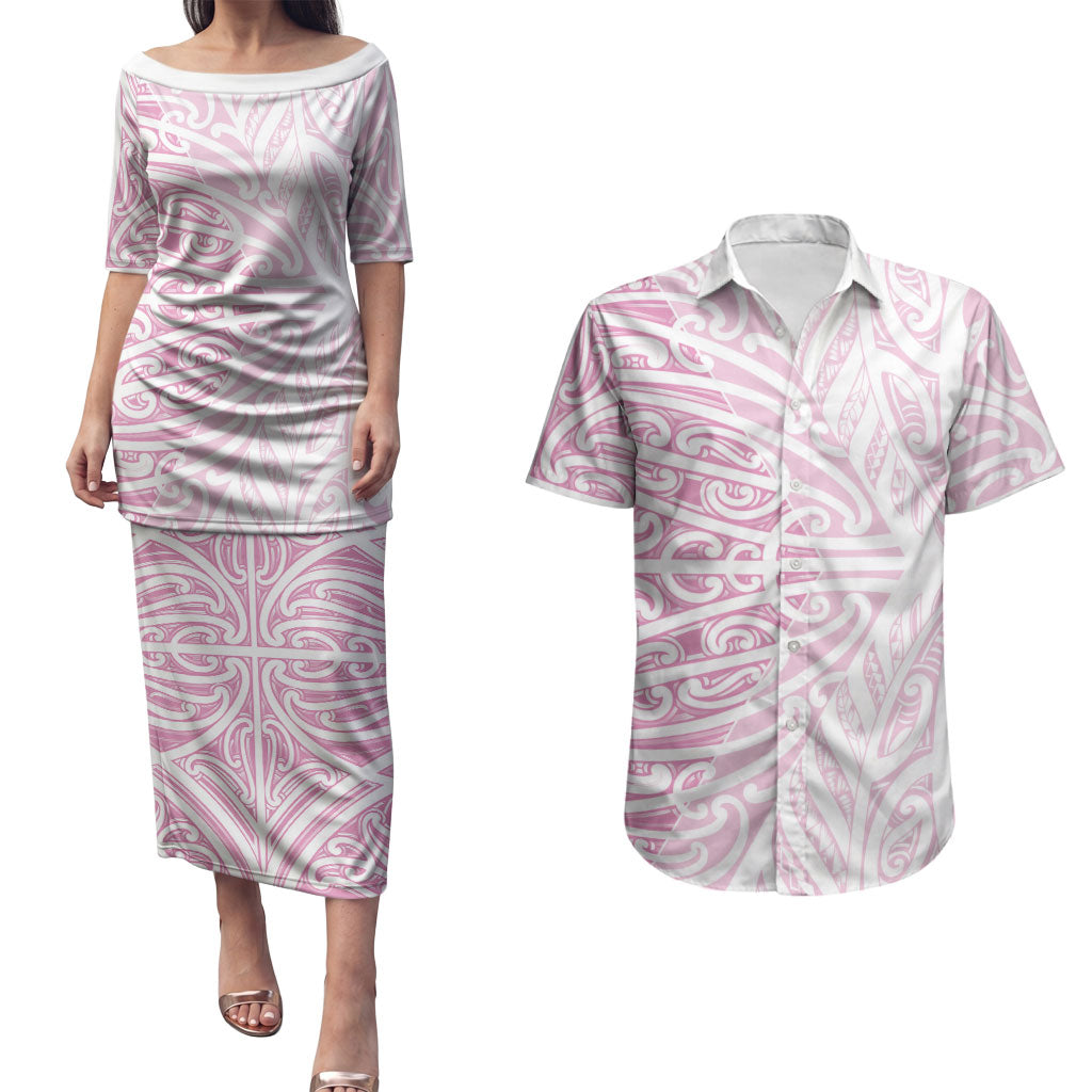 Pink New Zealand Puhoro Maori Tattoo Couples Matching Puletasi and Hawaiian Shirt LT14 Pink - Polynesian Pride