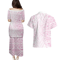 Pink New Zealand Puhoro Maori Tattoo Couples Matching Puletasi and Hawaiian Shirt LT14 - Polynesian Pride