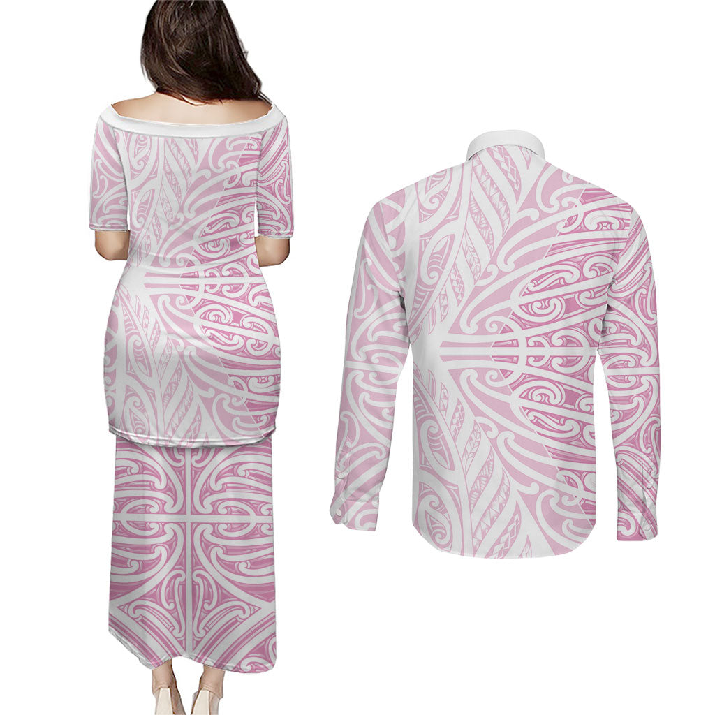 Pink New Zealand Puhoro Maori Tattoo Couples Matching Puletasi and Long Sleeve Button Shirt LT14 - Polynesian Pride