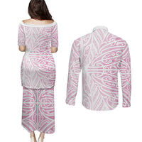 Pink New Zealand Puhoro Maori Tattoo Couples Matching Puletasi and Long Sleeve Button Shirt LT14 - Polynesian Pride