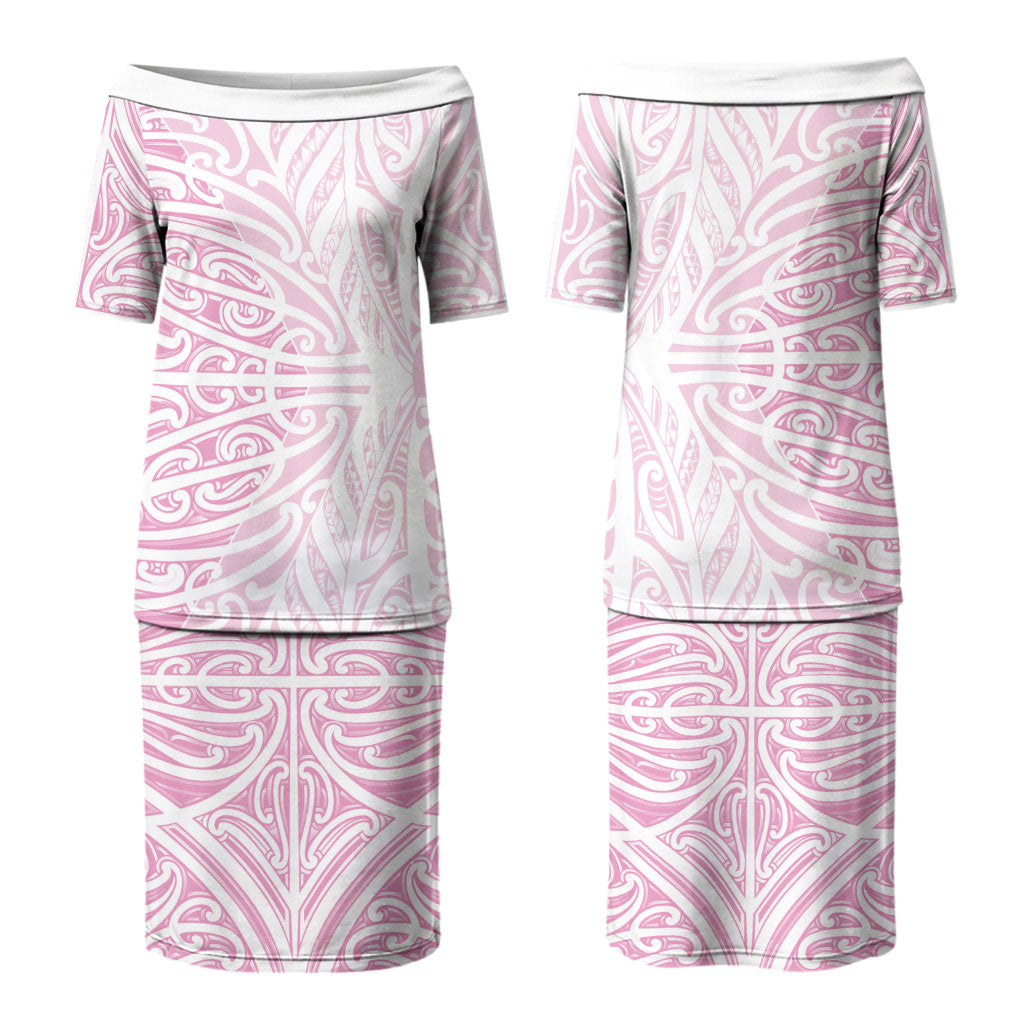 Pink New Zealand Puhoro Maori Tattoo Couples Matching Puletasi and Long Sleeve Button Shirt LT14 - Polynesian Pride