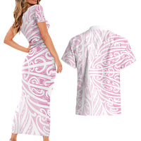 Pink New Zealand Puhoro Maori Tattoo Couples Matching Short Sleeve Bodycon Dress and Hawaiian Shirt LT14 - Polynesian Pride