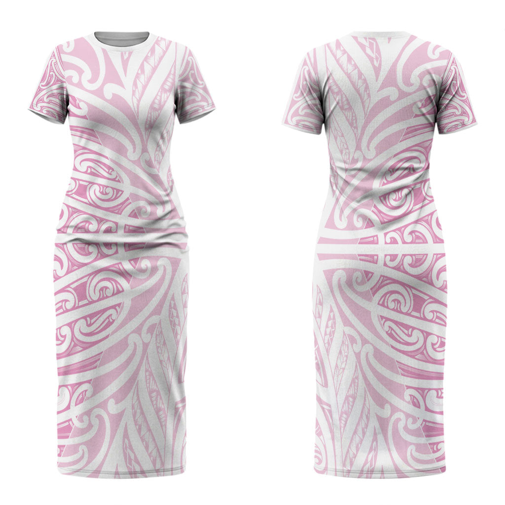Pink New Zealand Puhoro Maori Tattoo Couples Matching Short Sleeve Bodycon Dress and Hawaiian Shirt LT14 - Polynesian Pride