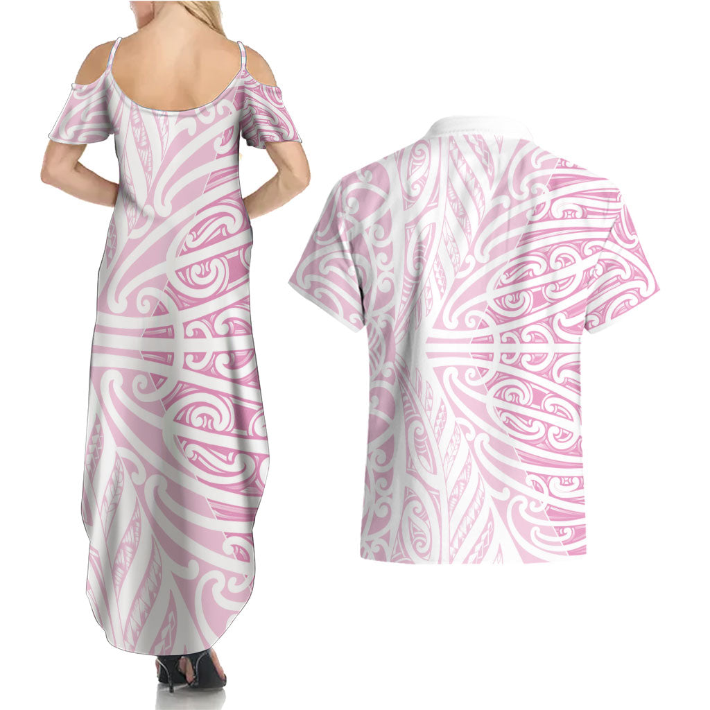 Pink New Zealand Puhoro Maori Tattoo Couples Matching Summer Maxi Dress and Hawaiian Shirt LT14 - Polynesian Pride