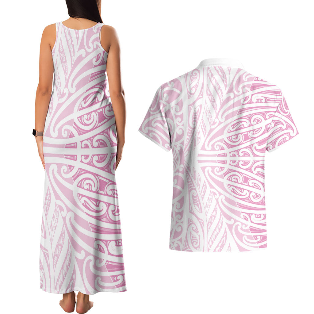 Pink New Zealand Puhoro Maori Tattoo Couples Matching Tank Maxi Dress and Hawaiian Shirt LT14 - Polynesian Pride