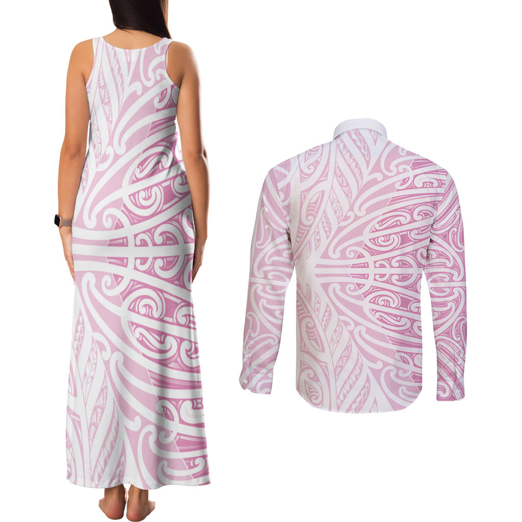 Pink New Zealand Puhoro Maori Tattoo Couples Matching Tank Maxi Dress and Long Sleeve Button Shirt LT14 - Polynesian Pride