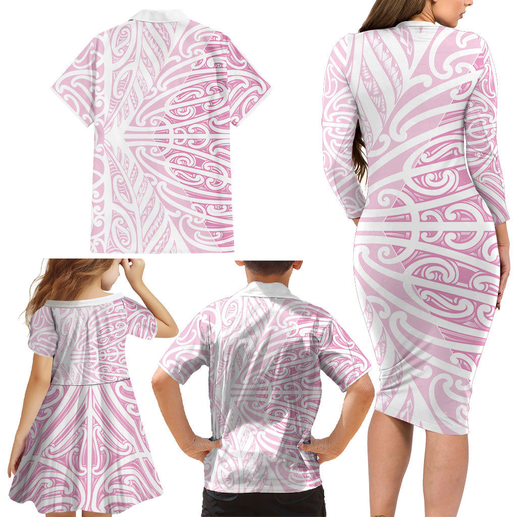 Pink New Zealand Puhoro Maori Tattoo Family Matching Long Sleeve Bodycon Dress and Hawaiian Shirt LT14 - Polynesian Pride