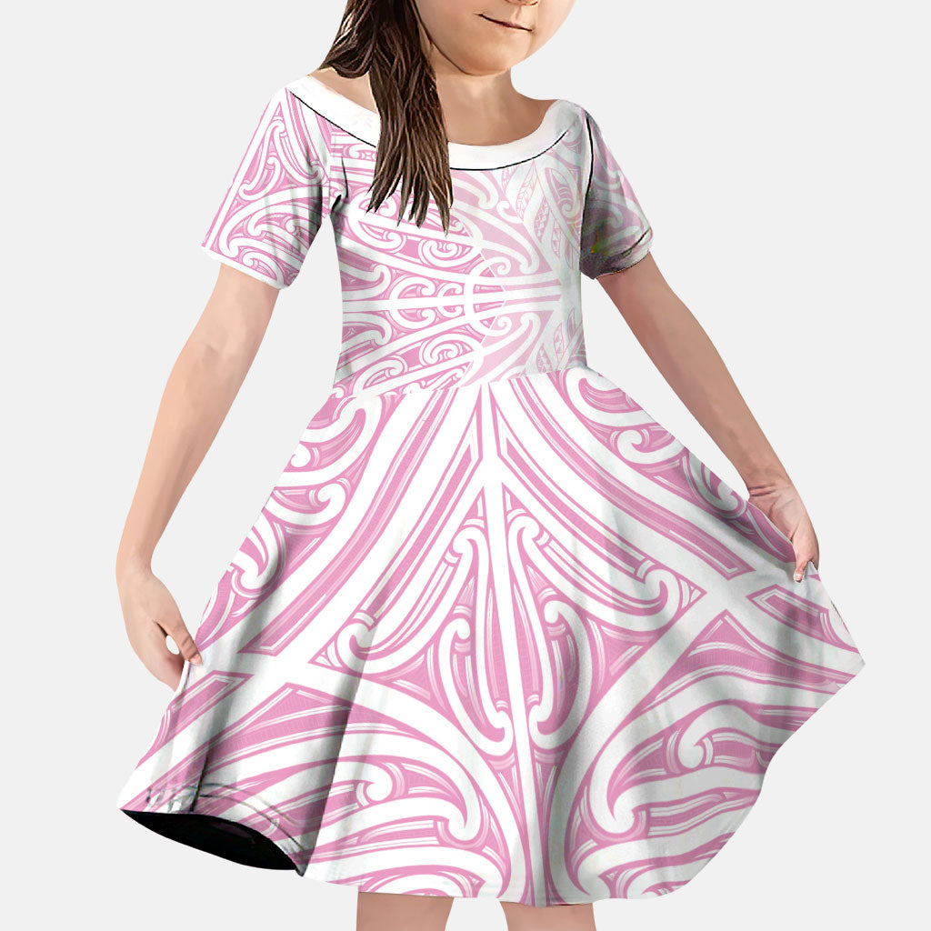 Pink New Zealand Puhoro Maori Tattoo Family Matching Off The Shoulder Long Sleeve Dress and Hawaiian Shirt LT14 Daughter's Dress Pink - Polynesian Pride