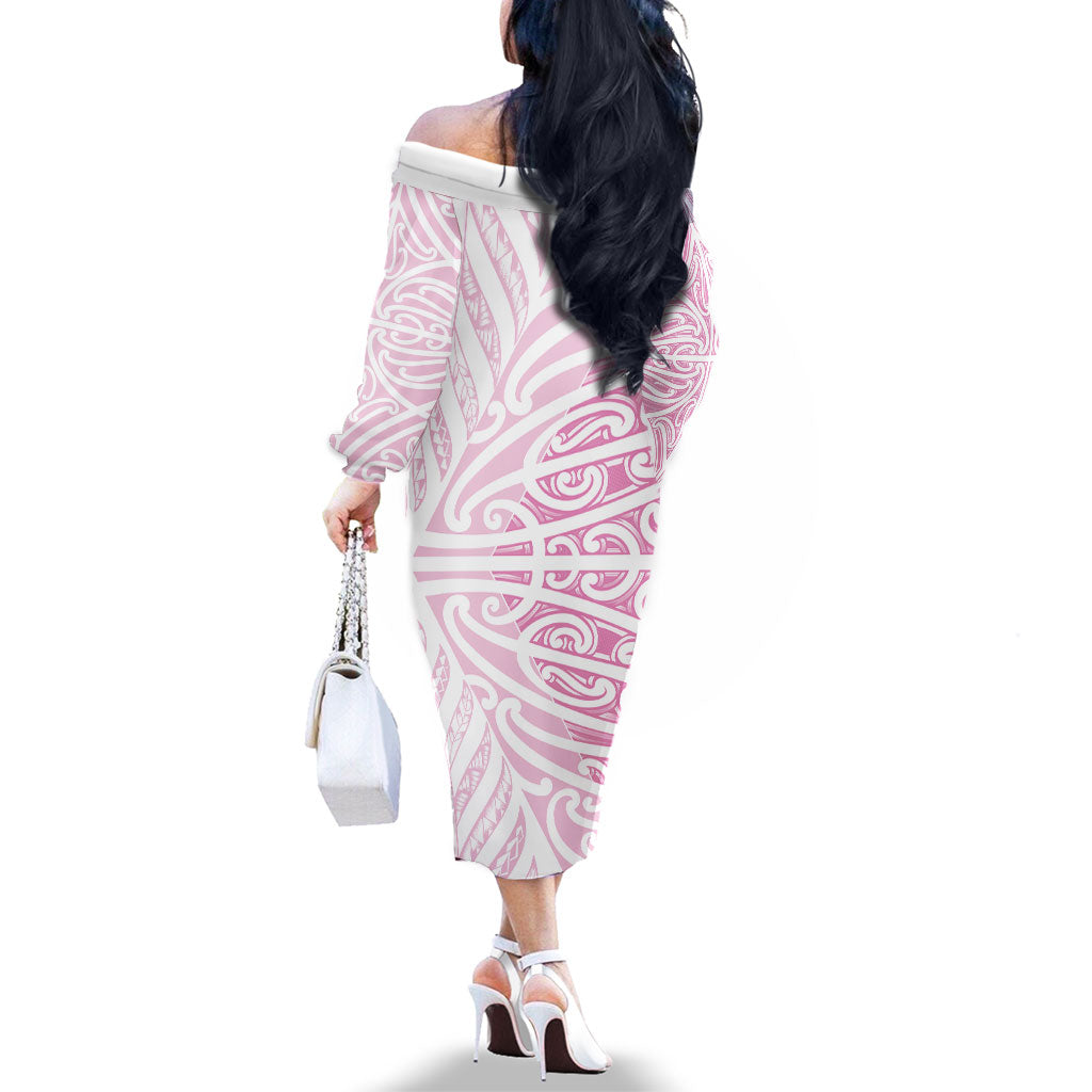 Pink New Zealand Puhoro Maori Tattoo Family Matching Off The Shoulder Long Sleeve Dress and Hawaiian Shirt LT14 - Polynesian Pride