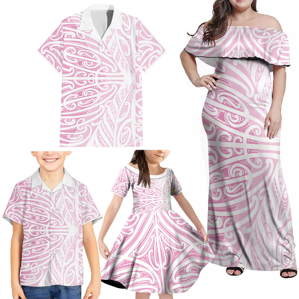 Pink New Zealand Puhoro Maori Tattoo Family Matching Off Shoulder Maxi Dress and Hawaiian Shirt LT14 - Polynesian Pride
