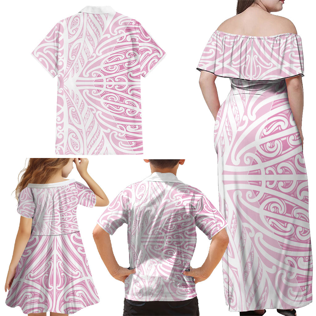 Pink New Zealand Puhoro Maori Tattoo Family Matching Off Shoulder Maxi Dress and Hawaiian Shirt LT14 - Polynesian Pride
