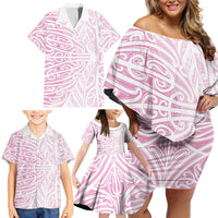 Pink New Zealand Puhoro Maori Tattoo Family Matching Off Shoulder Short Dress and Hawaiian Shirt LT14 - Polynesian Pride