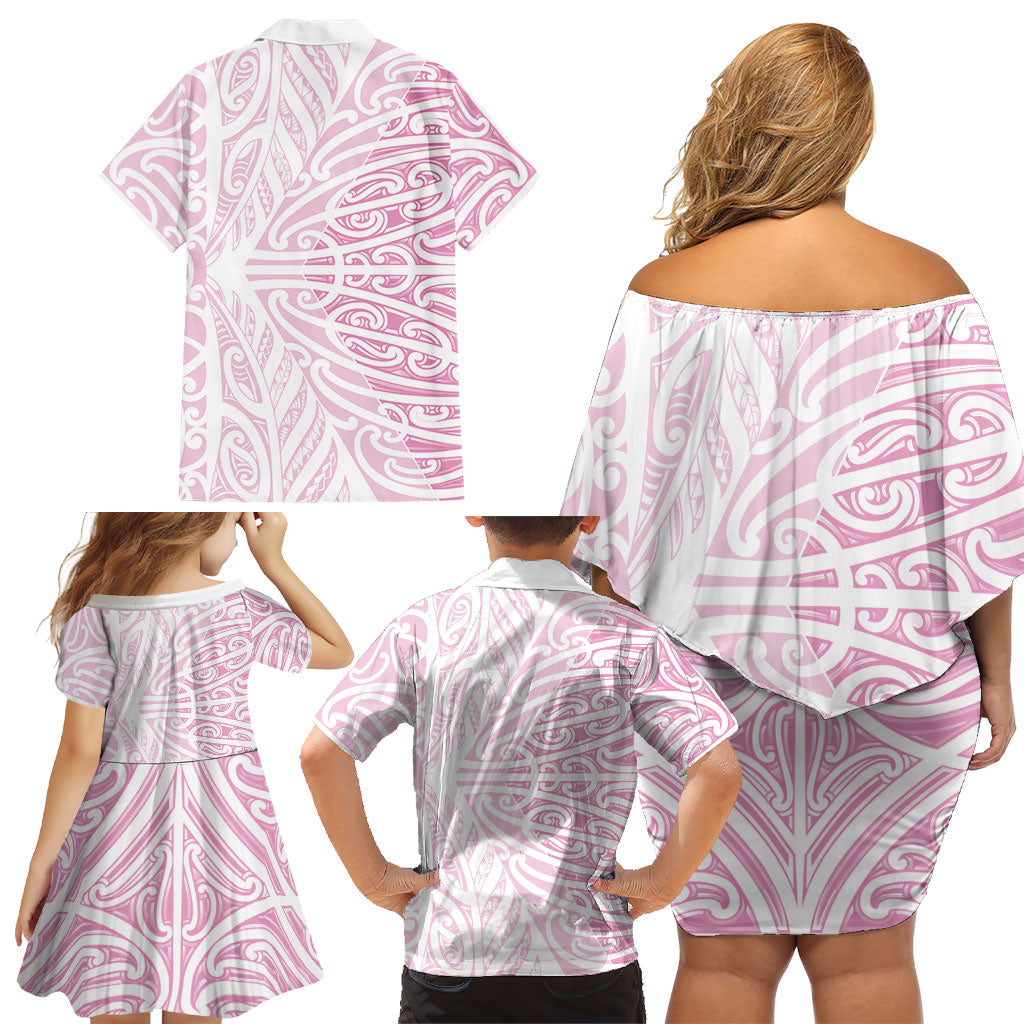 Pink New Zealand Puhoro Maori Tattoo Family Matching Off Shoulder Short Dress and Hawaiian Shirt LT14 - Polynesian Pride