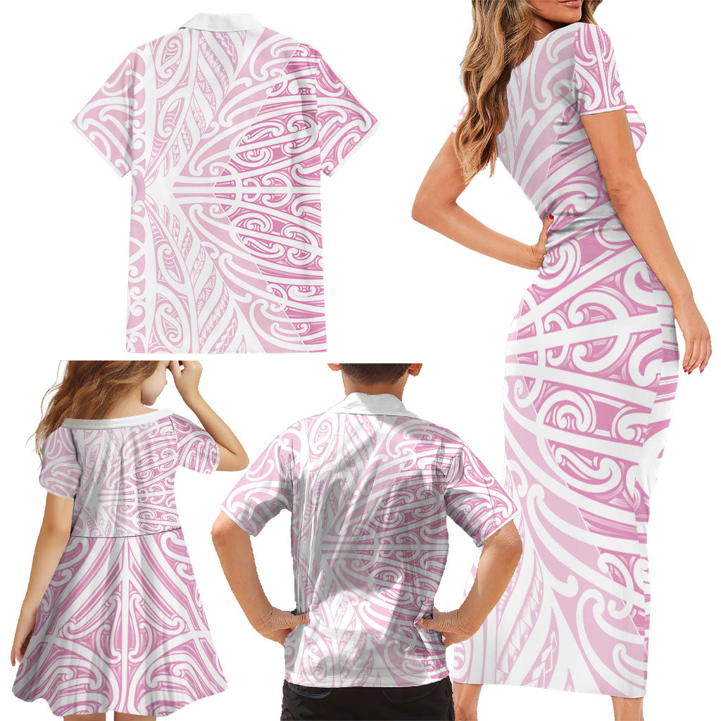 Pink New Zealand Puhoro Maori Tattoo Family Matching Short Sleeve Bodycon Dress and Hawaiian Shirt LT14 - Polynesian Pride