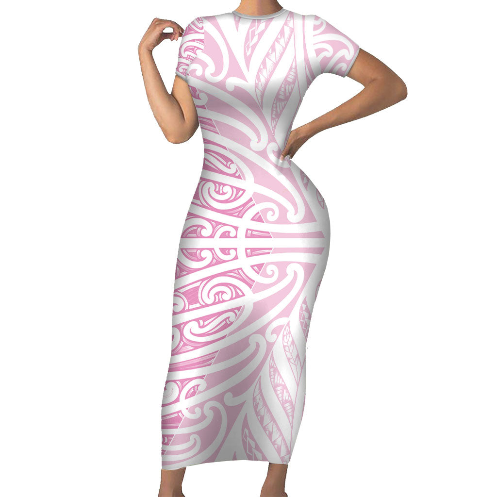 Pink New Zealand Puhoro Maori Tattoo Family Matching Short Sleeve Bodycon Dress and Hawaiian Shirt LT14 Mom's Dress Pink - Polynesian Pride
