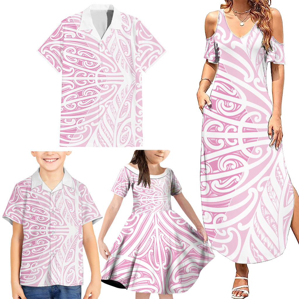 Pink New Zealand Puhoro Maori Tattoo Family Matching Summer Maxi Dress and Hawaiian Shirt LT14 - Polynesian Pride